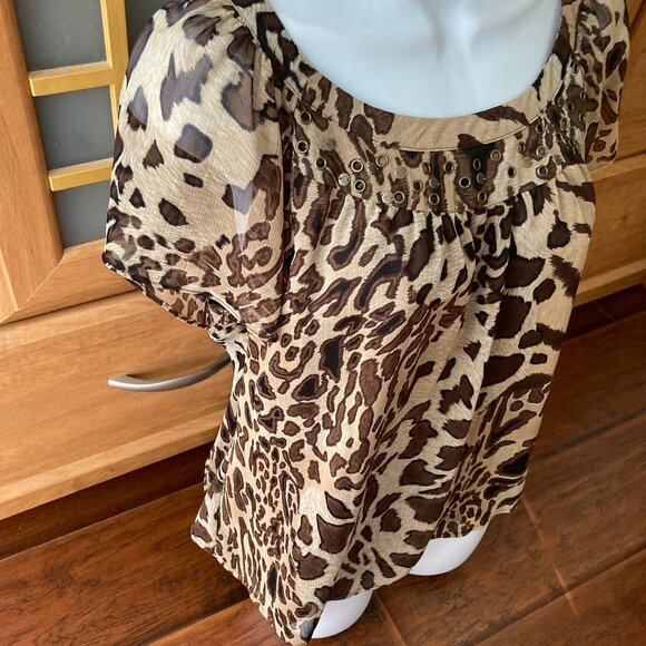 Nu Options Leopard Short Sleeve Studded Blouse Large Petite - Picture 4 of 6